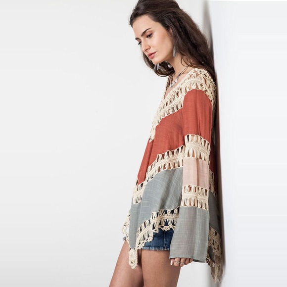 Boho Open Crochet Color Block Beach Coverup Tunic - Picture 3 of 7